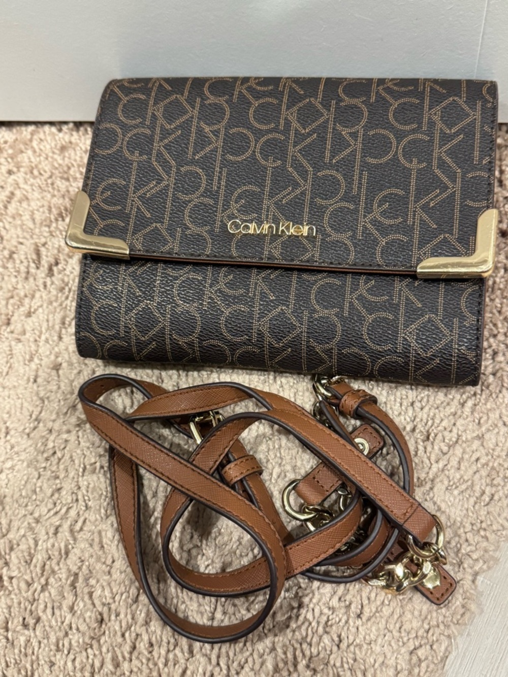 Calvin Klein Brown Monogram Crossbody with Gold Hardware